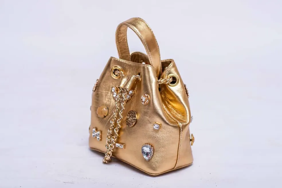 DOT Embellished Gold Leather Bucket Bag
