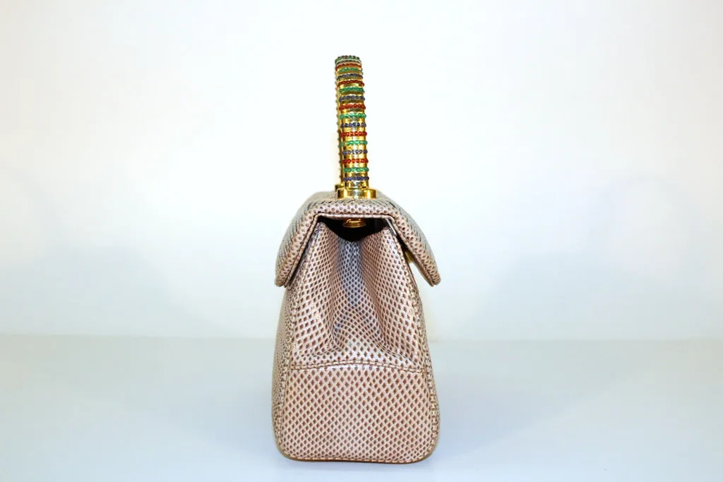 Judith Leiber Taupe Reptile Pattern Handbag with Green, Blue, and Red Jeweled Handle.