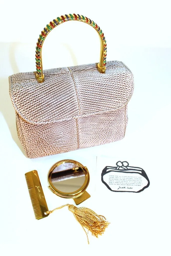 Judith Leiber Taupe Reptile Pattern Handbag with Green, Blue, and Red Jeweled Handle.