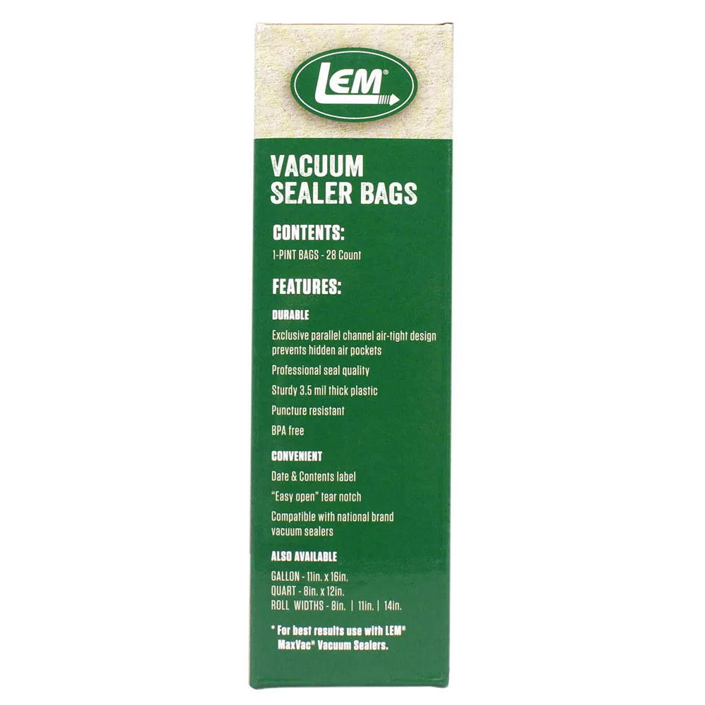 LEM MaxVac 28 Count 6" x 9" Pint Size Air Tight Vacuum Sealer Bags BPA Free 1386